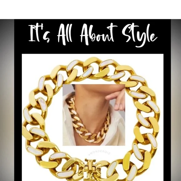 NWOT Tory Burch Authentic Roxanne Inlay Chunky Bold Statement Gold Necklace